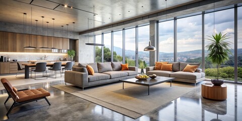 Spacious open-plan living room with sleek concrete floors, minimalist decor, floor-to-ceiling windows, and modern