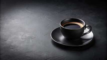 Minimalist scene with black coffee in matte black cup on dark background, black, coffee, minimalist, scene, matte, cup