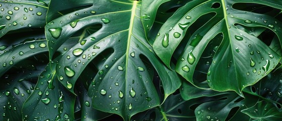 Closeup of Lush Green Monstera Leaves with Dew Drops