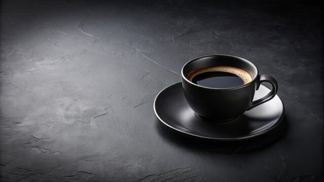 Minimalist scene with black coffee in matte black cup on dark background, black, coffee, minimalist, scene, matte, cup