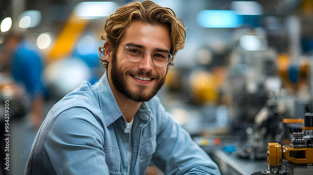 Poster smiling man in glasses working in a factory.