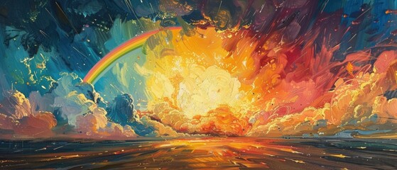 Abstract Landscape with Rainbow and Golden Explosion
