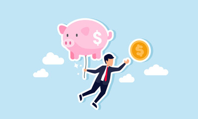 A businessman hanging in the sky, holding a piggy bank balloon, reaching for coin, Illustration concept of Effort to increase company profits, focus on asset growth