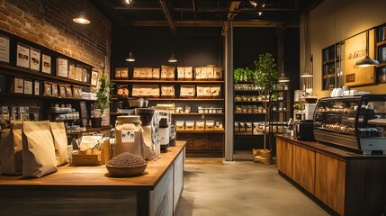A coffee shop with fair-trade beans on display in a warm industrial setting