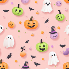Halloween design featuring ghosts, pumpkins, and bats on a pastel pink background
