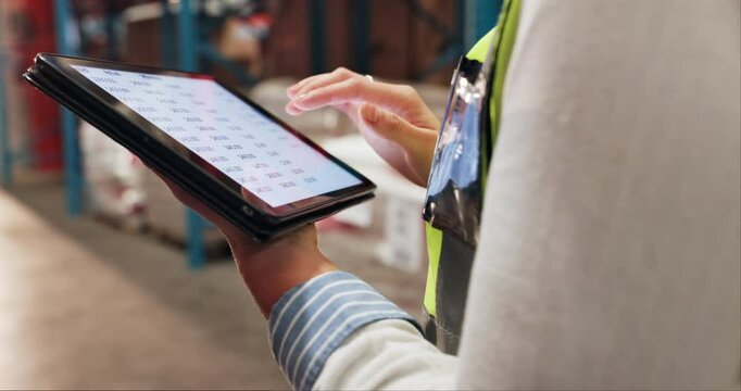 Screen, person or hands on tablet in factory for distribution schedule or ecommerce shipping. Inspection results, delivery app and logistics worker on touchscreen to organize inventory or ecommerce