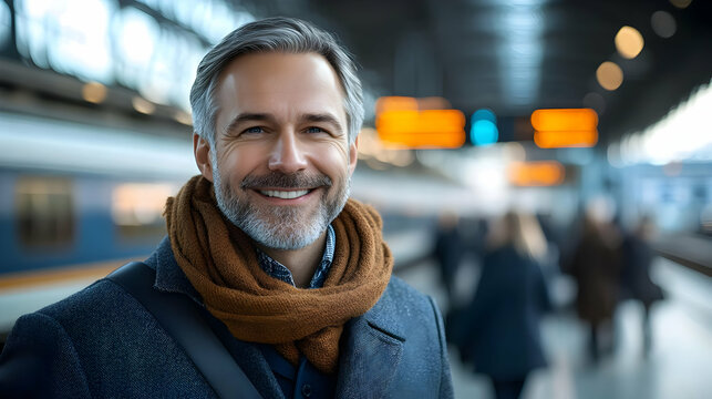 Smiling middle-aged man in a scarf standing at a train station. - Powered by Adobe