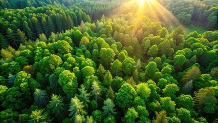 Fototapeta premium Drone view of lush green forest with sunlight filtering through the trees, nature, aerial, landscape, drone, trees