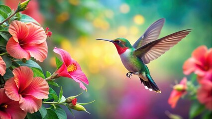 Fototapeta premium Lively humming bird hovering over vibrant hibiscus flowers, hummingbird, nature, wildlife, colorful, vibrant, petals, pollination