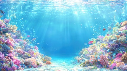 Obraz premium Underwater Coral Reef Scene with Sun Rays and Tropical Fish