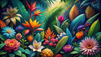 Vibrant art deco painting of colorful tropical flowers and exotic plants, tropical, flowers, art deco, painting
