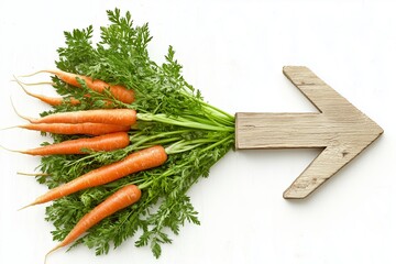 The Carrot Path to Wellness: A rustic wooden arrow points right, propelled by a burst of fresh, vibrant carrots, symbolizing the journey towards a healthy lifestyle.