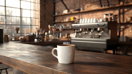A 3D-rendered coffee mug on a rustic industrial counter in a warm-toned shop