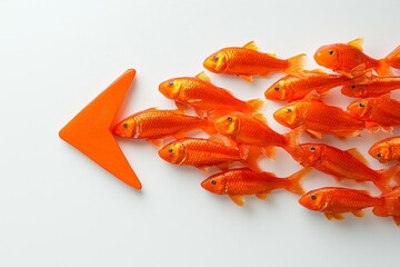 Leading the Way: A school of goldfish follows an orange arrow, symbolizing leadership, guidance, and the power of direction. This concept image illustrates the importance of vision and strategic think