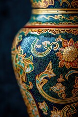 Blue and Gold Decorative Vase with Floral Pattern