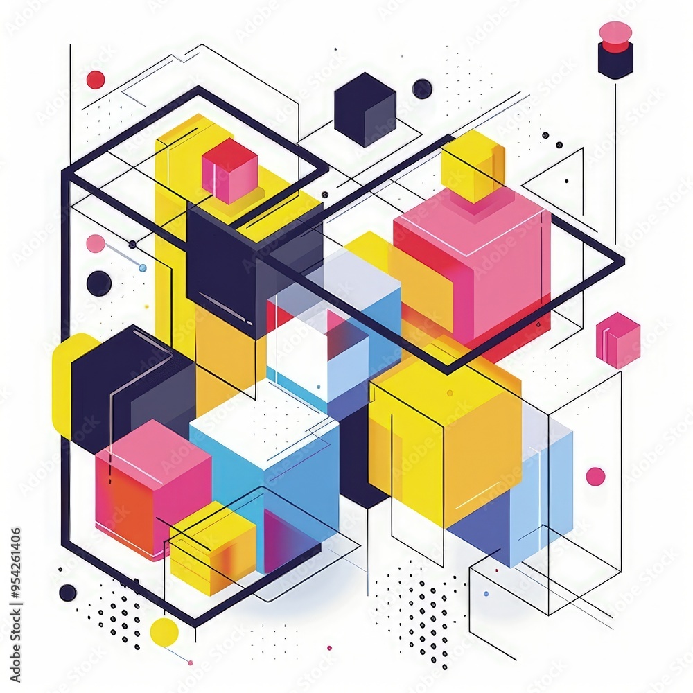 Poster abstract geometric composition featuring colorful shapes and lines.