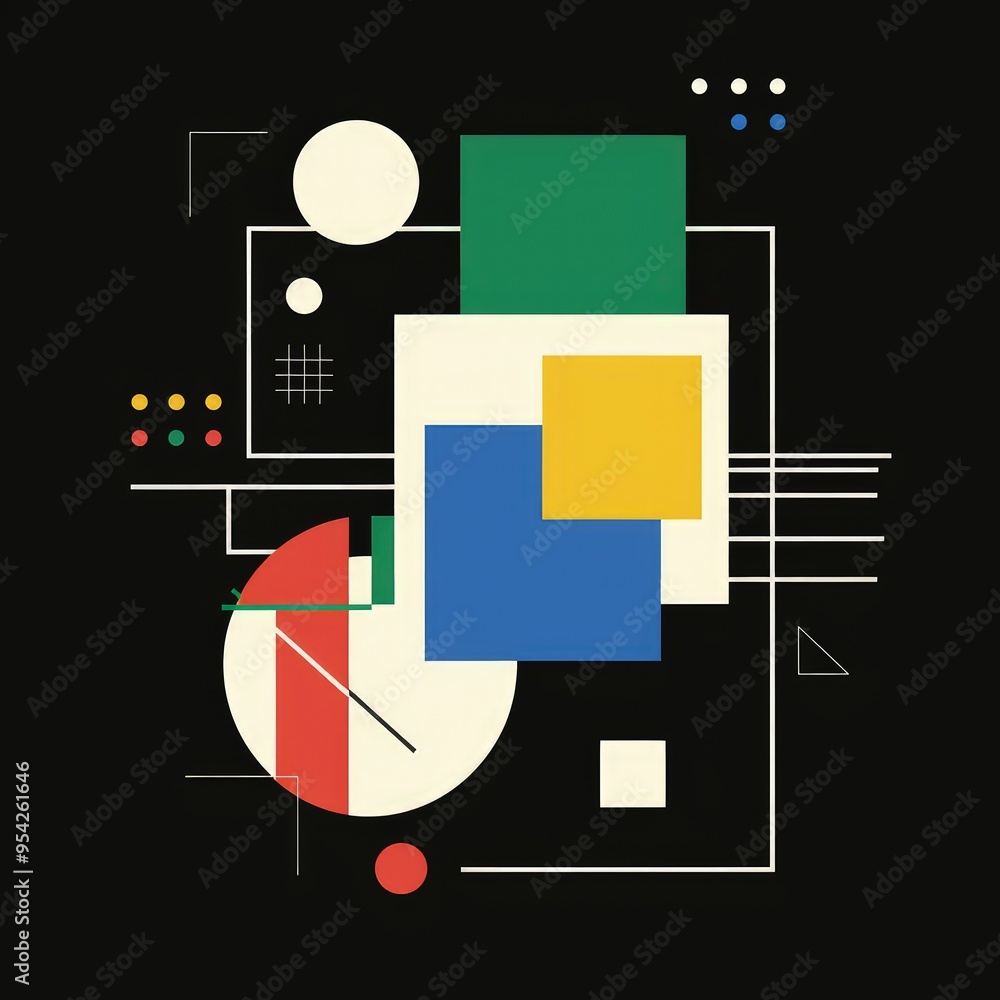 Poster abstract geometric composition with colorful shapes on a dark background.