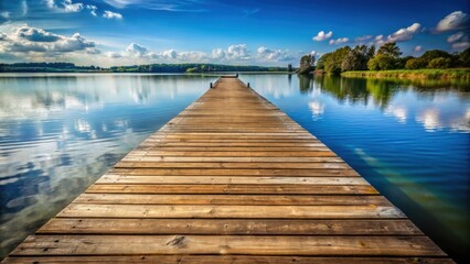 Fototapeta premium Empty wooden pier extending into river, pier, river, water, empty, solitude, peaceful, tranquil, nature, wood, scenic