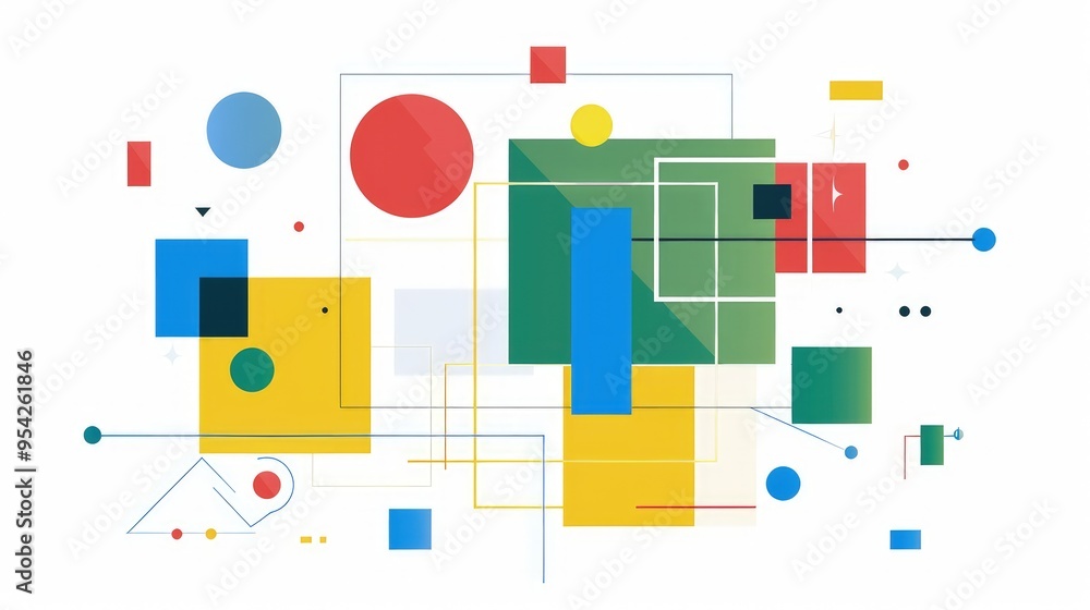 Poster abstract geometric composition with colorful shapes and lines.