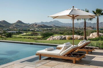 Elegant Wooden Chaise Loungers with White Cushions Overlooking Golf Course in Cabo San Lucas on a Sunny Day