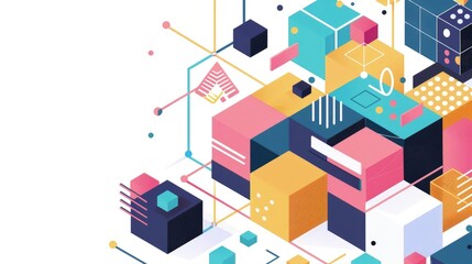 Abstract geometric design featuring colorful blocks and lines.