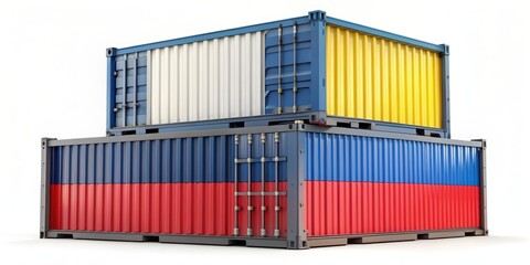Fototapeta premium Cargo containers branded with Ukraine and Poland flags for international shipping, cargo containers