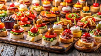 Fototapeta premium Delicious spread of colorful pinchos and tapas in San Sebastian, Basque Country, Basque, Spain, Pinchos, Tapas, Appetizers