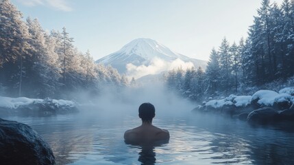 Person Bathing in a Hot Spring with a Snowy Mountain in the Background