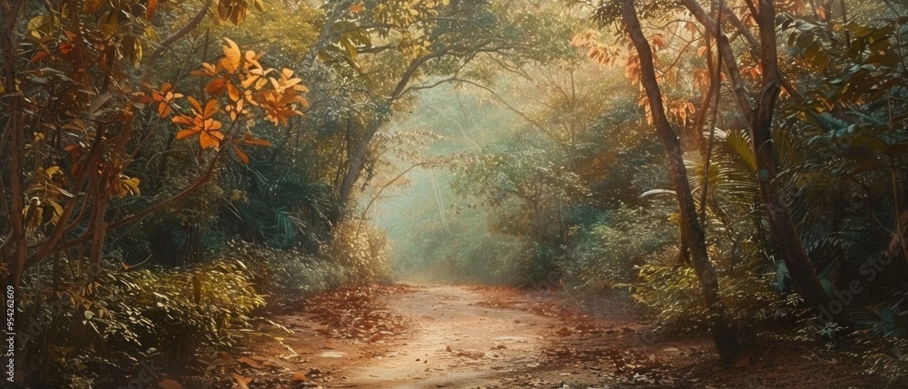 Poster sun dappled path through a misty forest