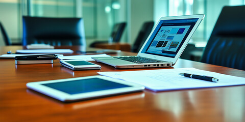 Detail Shot of Digital Devices on a Conference Room Table