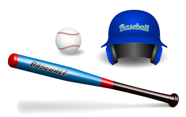 An illustration of baseball equipment, including a blue baseball helmet, a white baseball, and a blue and red baseball bat. The image is designed with a sleek, modern style, ideal for sports-related