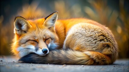 A sleeping fox curled up in a peaceful slumber , animal, wildlife, cute, nap, rest, relaxation, nature, red fox, furry