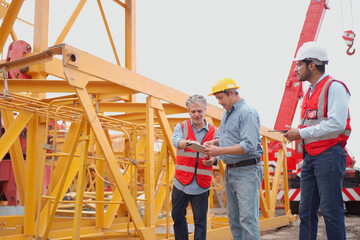 Team of workers at construction site with heavy machines.