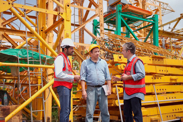 Team of workers at construction site with heavy machines.