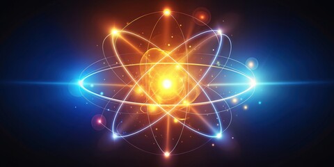 Glowing atomic structure with energy rings and particles , atomic, structure, glowing, energy, rings, particles