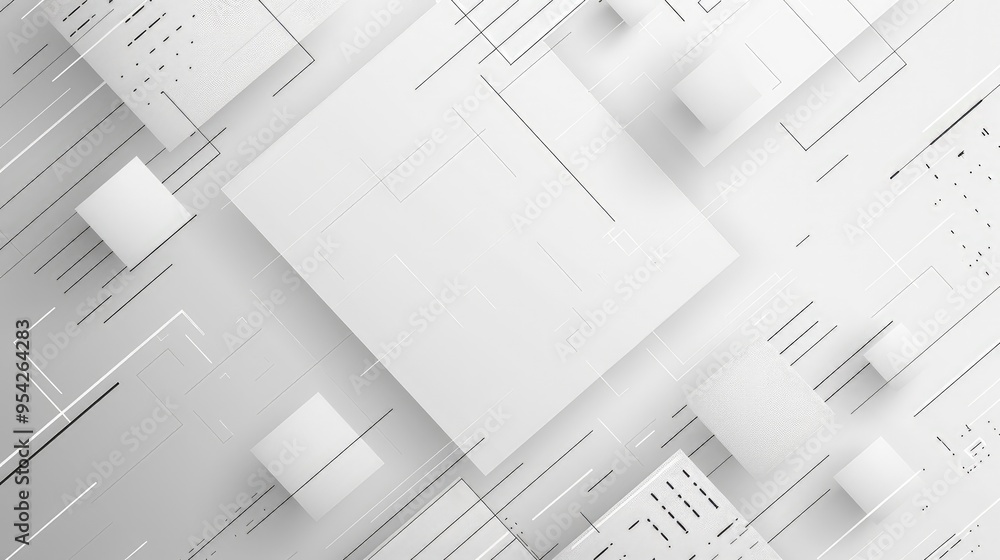 Poster abstract geometric design with white shapes and lines on a light background.