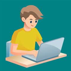 College student using laptop, simple vector flat illustration sticker

