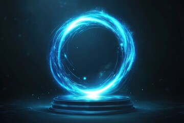 Obraz premium Portal light effect on a dark background. Light bright blue swirl. Bright light round teleport podium. Magic gate in a fantasy game. Vector 10 EPS , ai