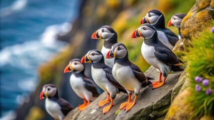 Isolated puffins perched on a rocky cliff in Iceland, puffins, isolated, seabirds, wildlife, nature