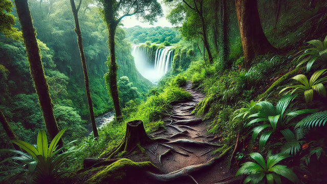 A trail through the lush rainforest near Victoria Falls, with the path in sharp focus