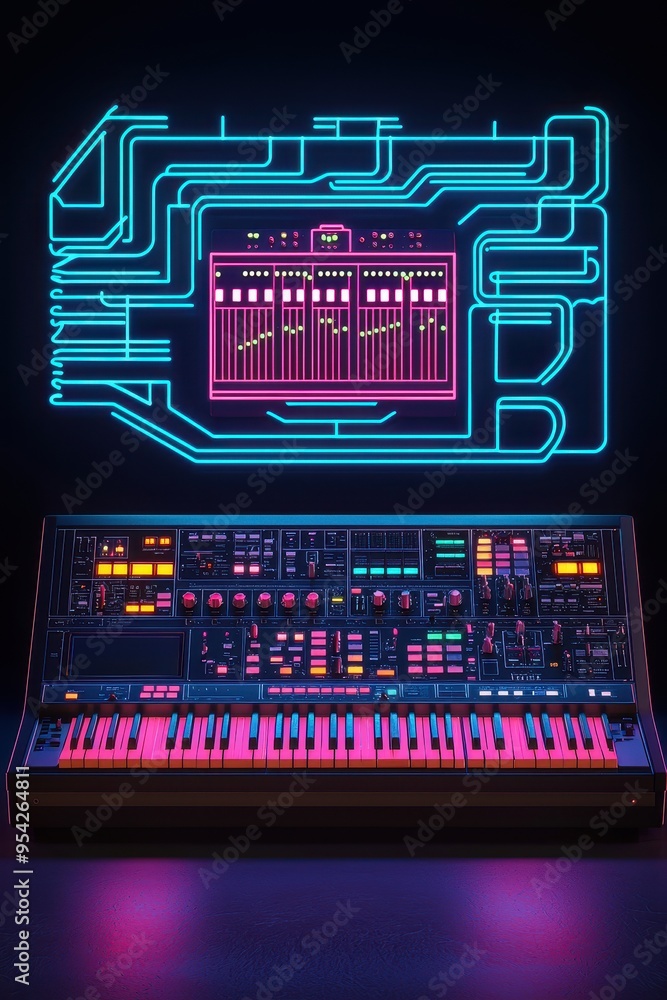 Poster synth keyboard with neon lights and circuit board design