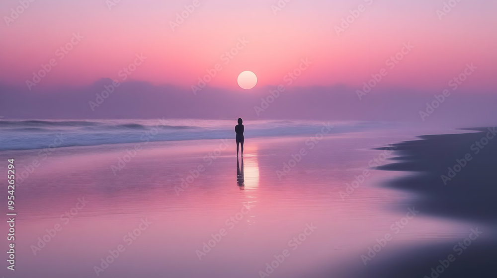 Sticker Solitary figure on a pink beach at sunset.