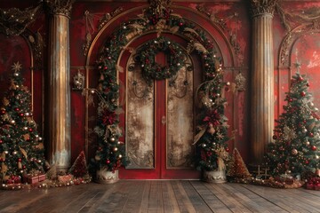 A Christmas scene with a large window and a mountain in the background
