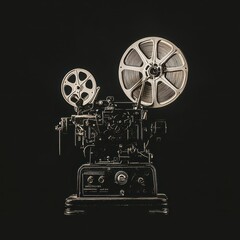 Naklejka premium Vintage Film Projector with Reels on Black Background