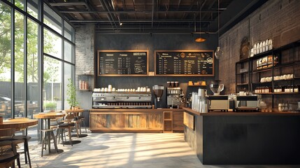 A cozy coffee shop with warm industrial design and fair-trade coffee beans displayed