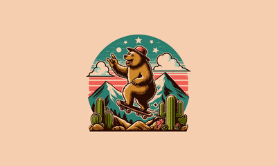 bear playing skateboard on cactus vector illustration mascot design
