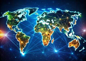 Naklejka premium Stylized 3D illustration of a vibrant, glowing world map with interconnected nodes and lines, symbolizing global