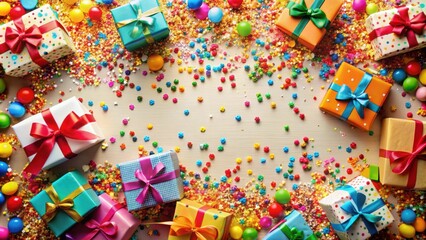 Fototapeta premium Exciting celebration with colorful confetti and gifts, celebration, gifts, confetti, party, festive, birthday, event, excitement