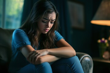 Sad depressed Latina woman sitting in her living room, depression and loneliness, mental health concept. Horizontal (3:2)