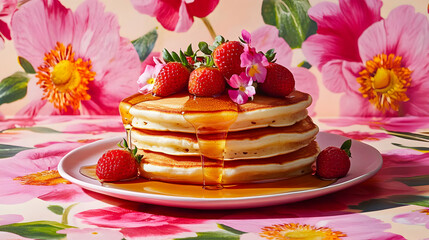Stack of pancakes with strawberries and syrup on a plate with pink flower background.